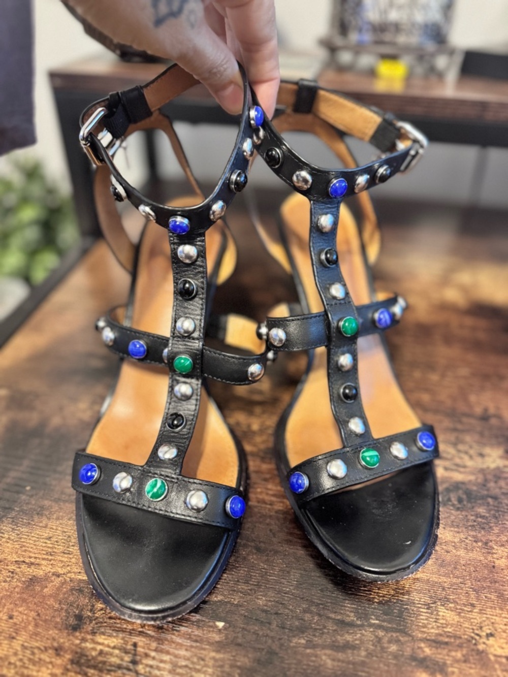 COACH Isabel Black Leather Multi-Color Cabochon Studded T-Strap Sandals 8.5B